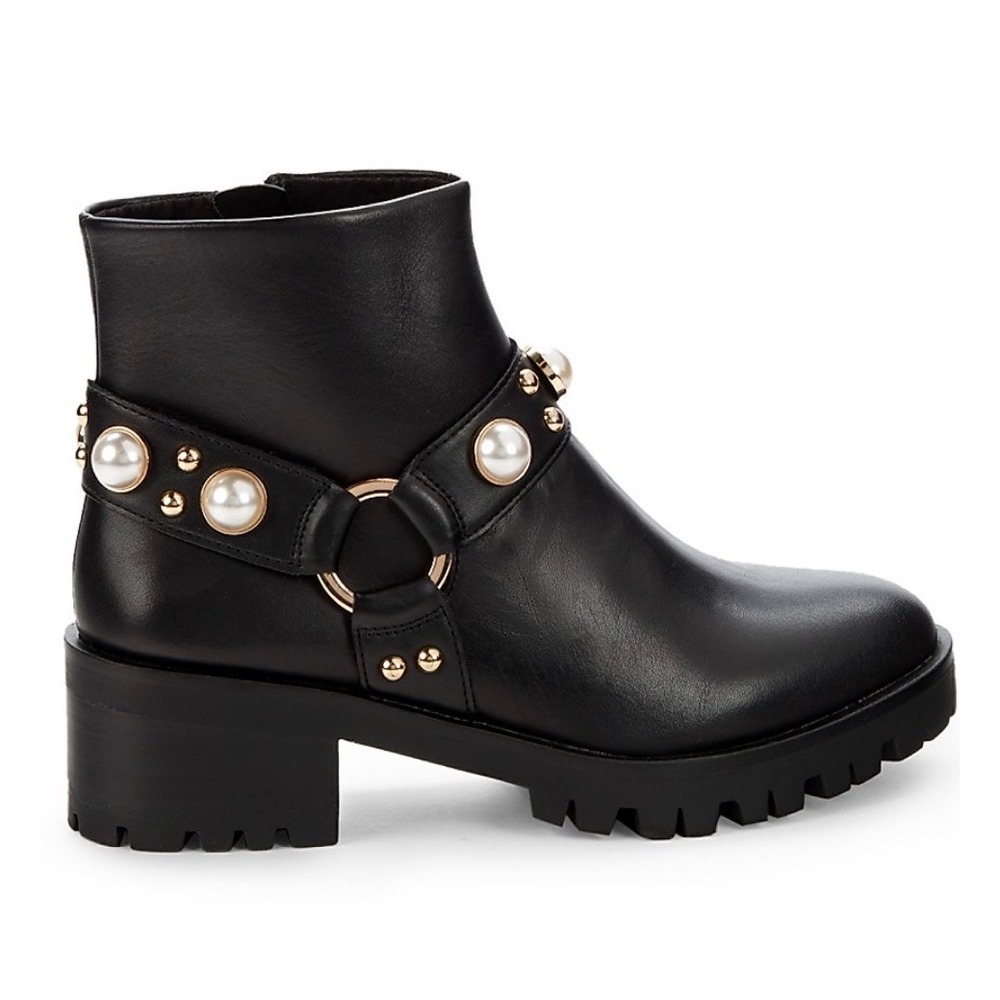 Karl Lagerfeld Paris Pixie Black Leather Pearl Studded Lug Boots Womens 8.5M